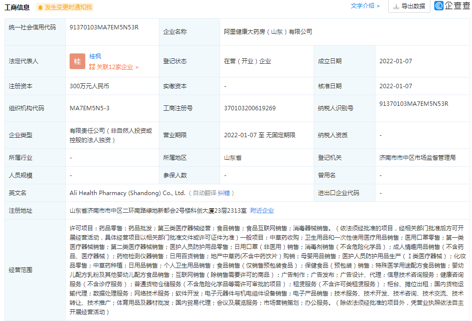 阿里健康大藥房300萬濟南設新公司，跨界布局廚具衛具引關注